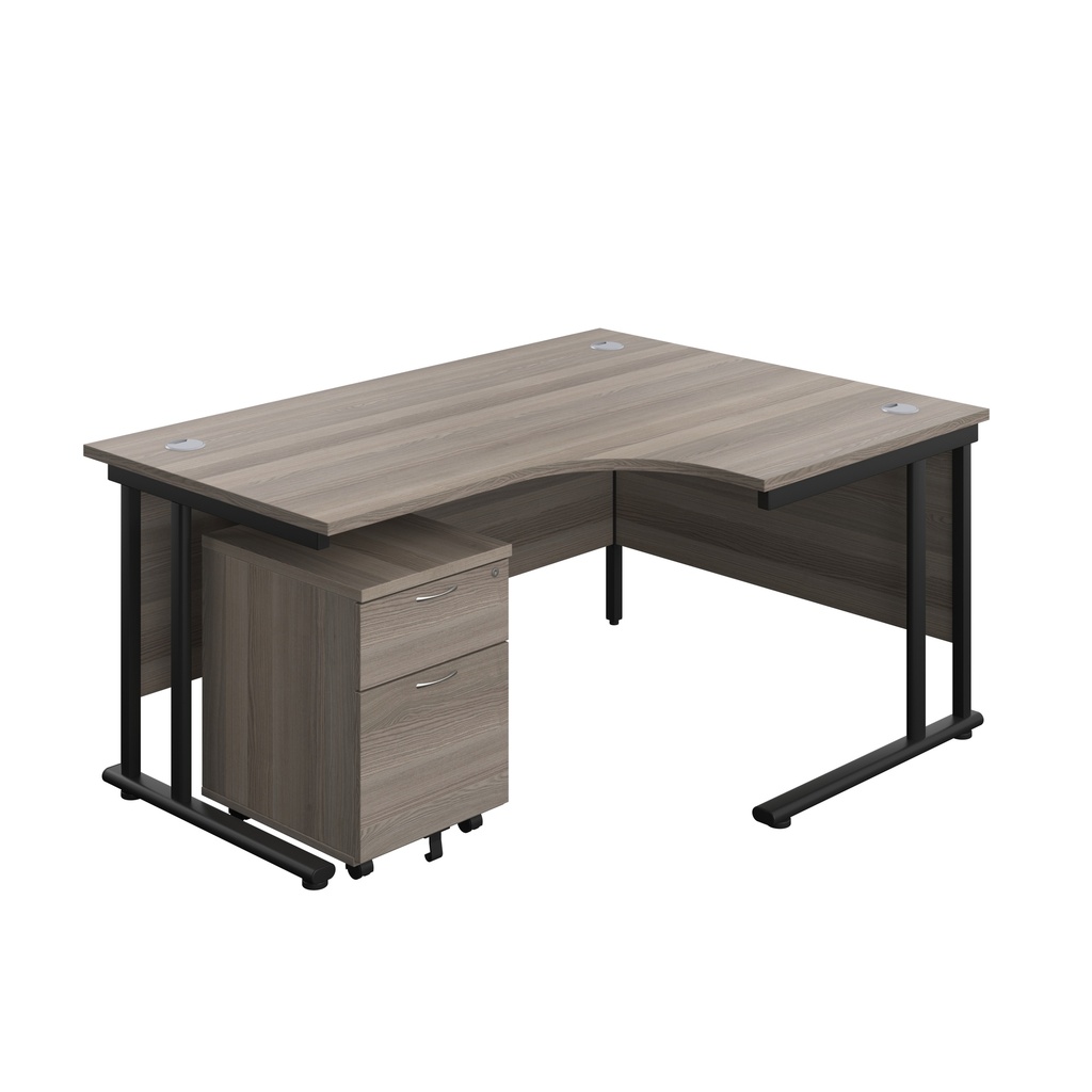 Twin Upright Right Hand Radial Desk + Mobile 2 Drawer Pedestal (FSC) | 1600X1200 | Grey Oak/Black | 