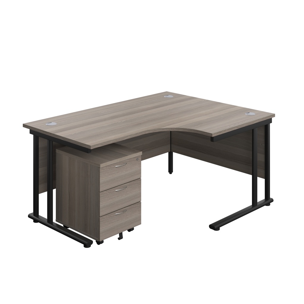 Twin Upright Right Hand Radial Desk + Mobile 3 Drawer Pedestal (FSC) | 1600X1200 | Grey Oak/Black | 
