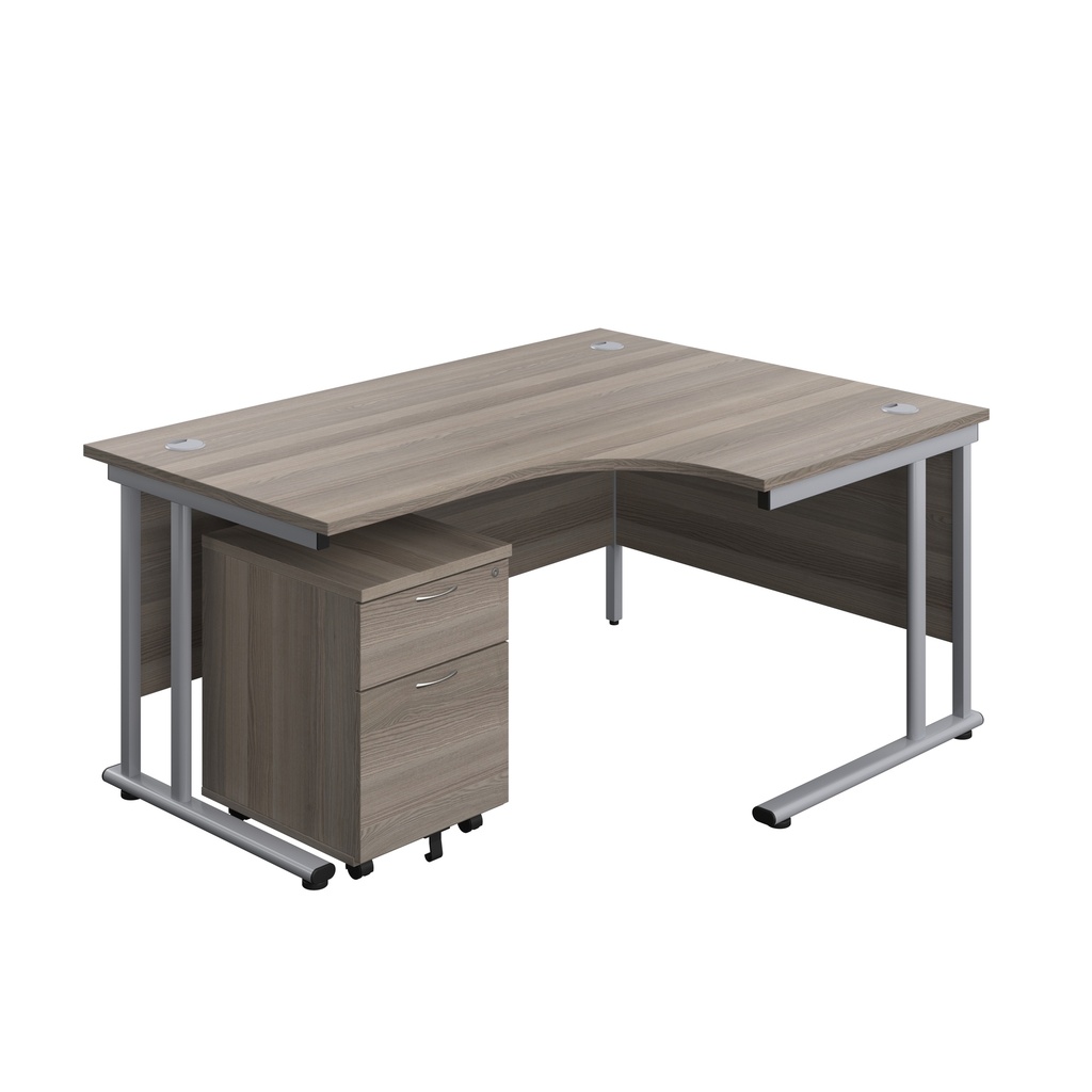 Twin Upright Right Hand Radial Desk + Mobile 2 Drawer Pedestal (FSC) | 1600X1200 | Grey Oak/Silver | 