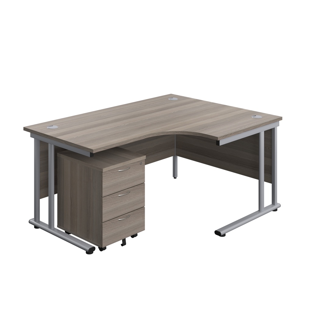 Twin Upright Right Hand Radial Desk + Mobile 3 Drawer Pedestal (FSC) | 1600X1200 | Grey Oak/Silver | 