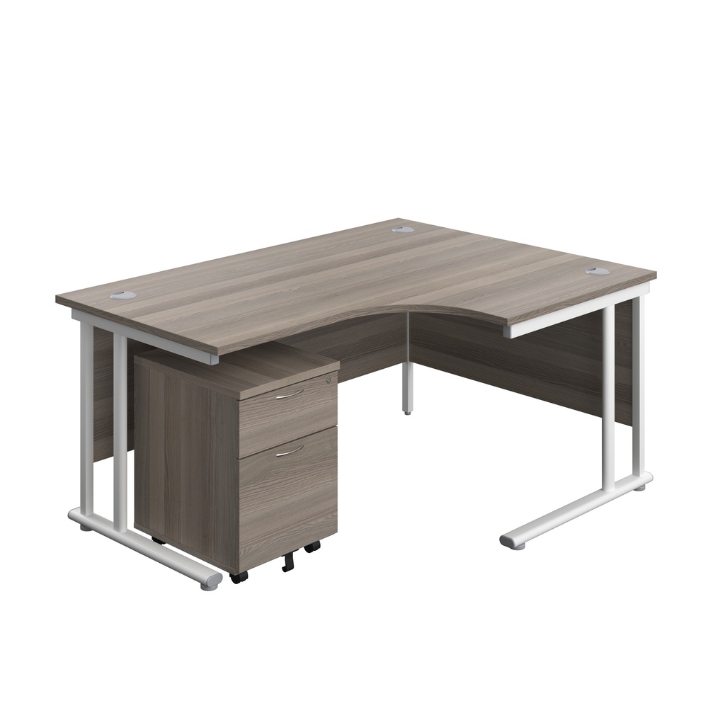Twin Upright Right Hand Radial Desk + Mobile 2 Drawer Pedestal (FSC) | 1600X1200 | Grey Oak/White | 