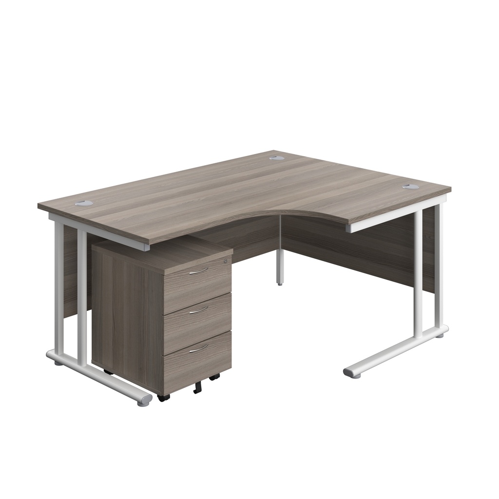 Twin Upright Right Hand Radial Desk + Mobile 3 Drawer Pedestal (FSC) | 1600X1200 | Grey Oak/White | 