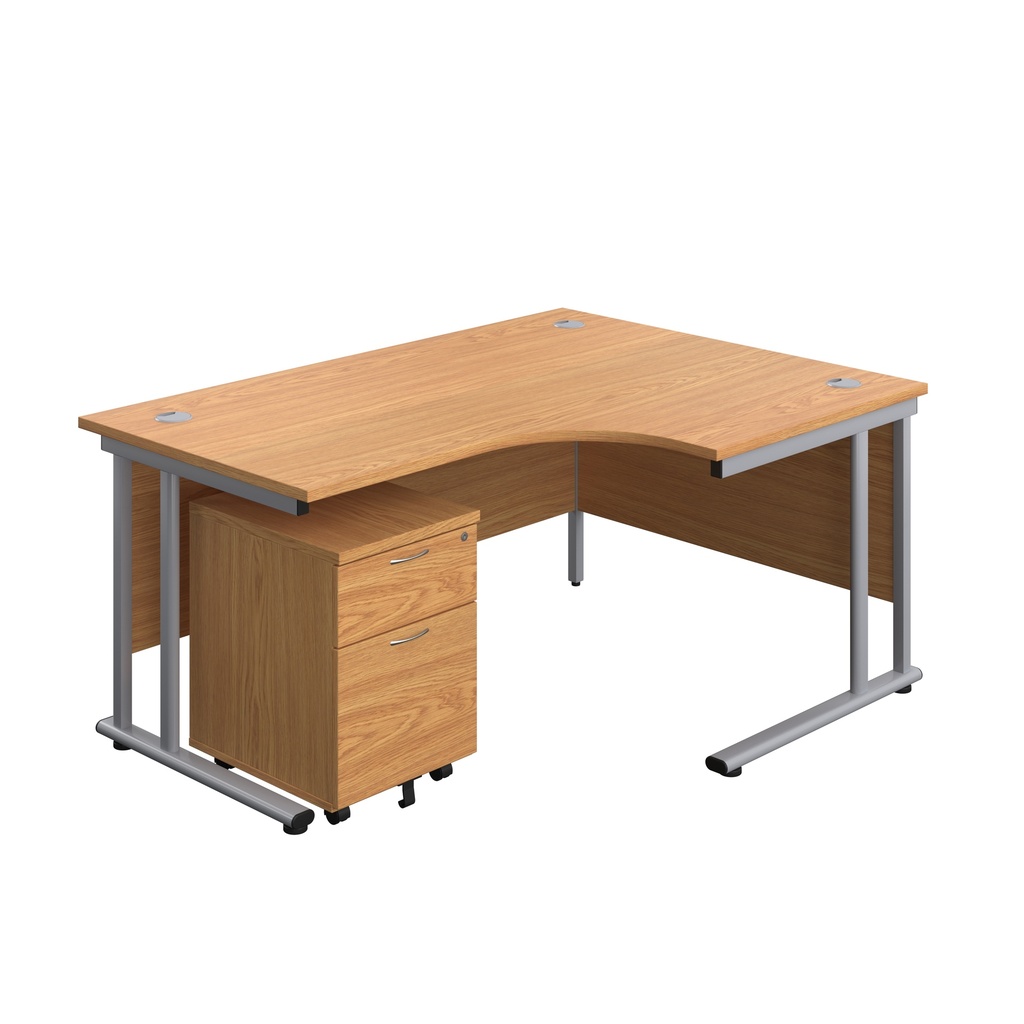 Twin Upright Right Hand Radial Desk + Mobile 2 Drawer Pedestal (FSC) | 1600X1200 | Nova Oak/Silver | 