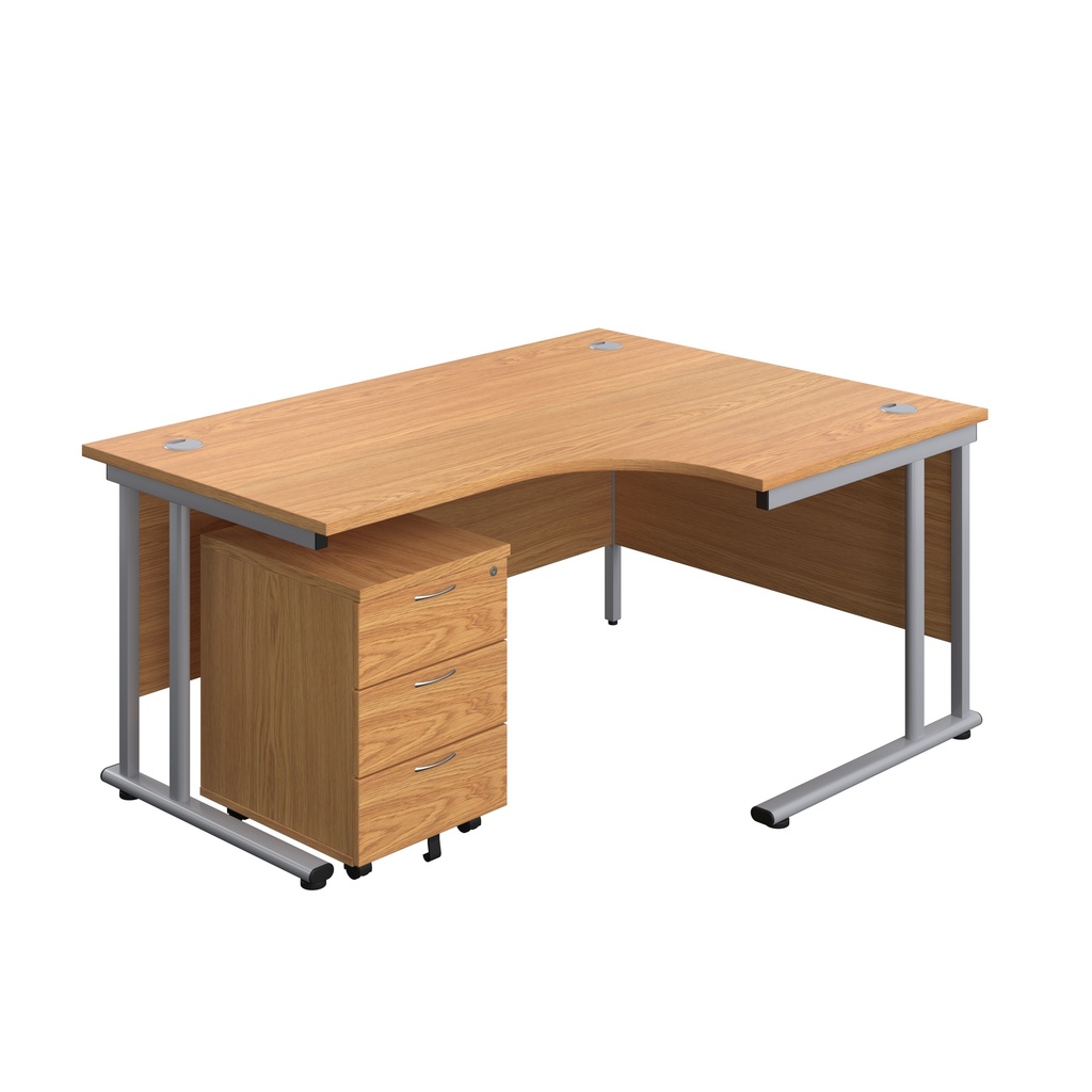 Twin Upright Right Hand Radial Desk + Mobile 3 Drawer Pedestal (FSC) | 1600X1200 | Nova Oak/Silver | 