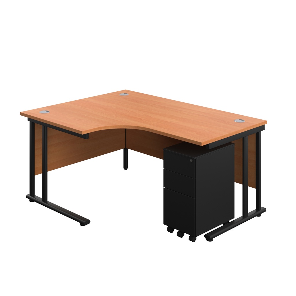 Twin Upright Right Hand Radial Desk + Under Desk Steel Pedestal 3 Drawers (FSC) | 1600X1200 | Beech/Black | 
