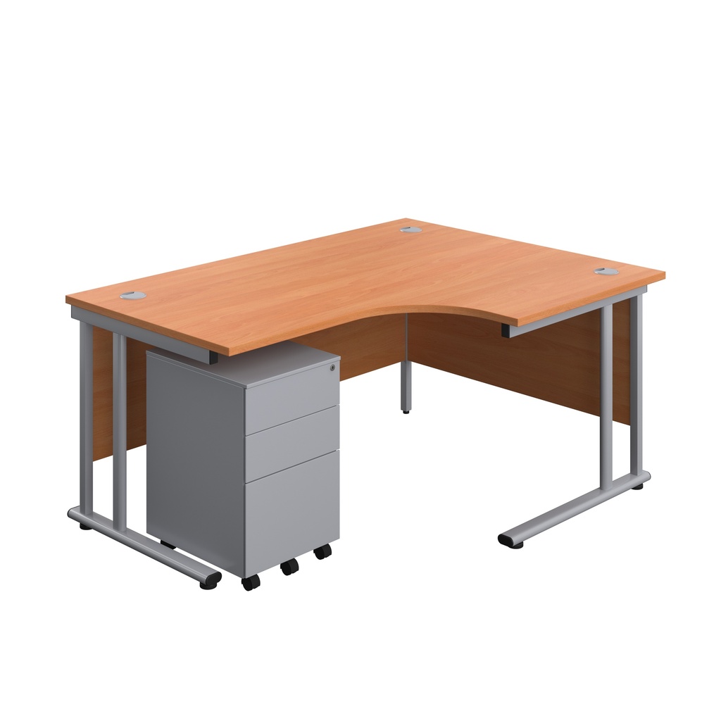 Twin Upright Right Hand Radial Desk + Under Desk Steel Pedestal 3 Drawers (FSC) | 1600X1200 | Beech/Silver | 