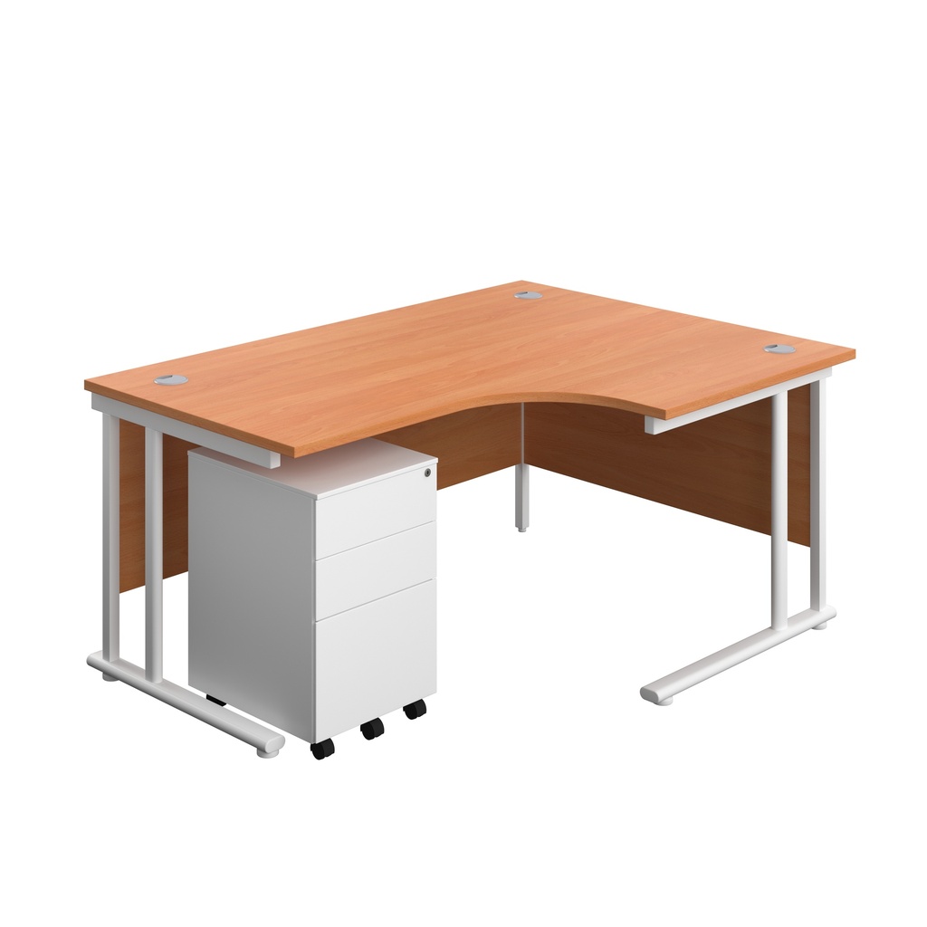 Twin Upright Right Hand Radial Desk + Under Desk Steel Pedestal 3 Drawers (FSC) | 1600X1200 | Beech/White | 