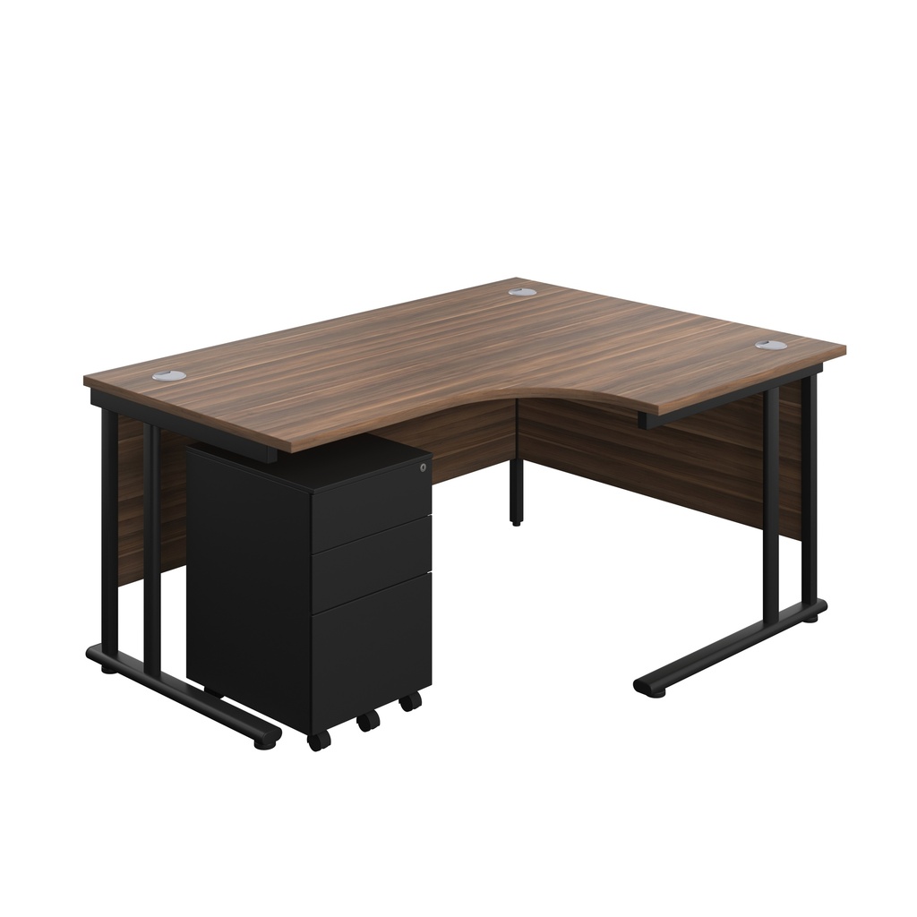 Twin Upright Right Hand Radial Desk + Under Desk Steel Pedestal 3 Drawers (FSC) | 1600X1200 | Dark Walnut/Black | 