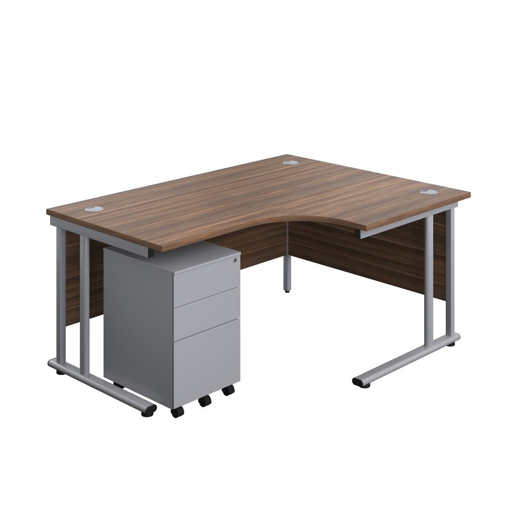 Twin Upright Right Hand Radial Desk + Under Desk Steel Pedestal 3 Drawers (FSC) | 1600X1200 | Dark Walnut/Silver | 