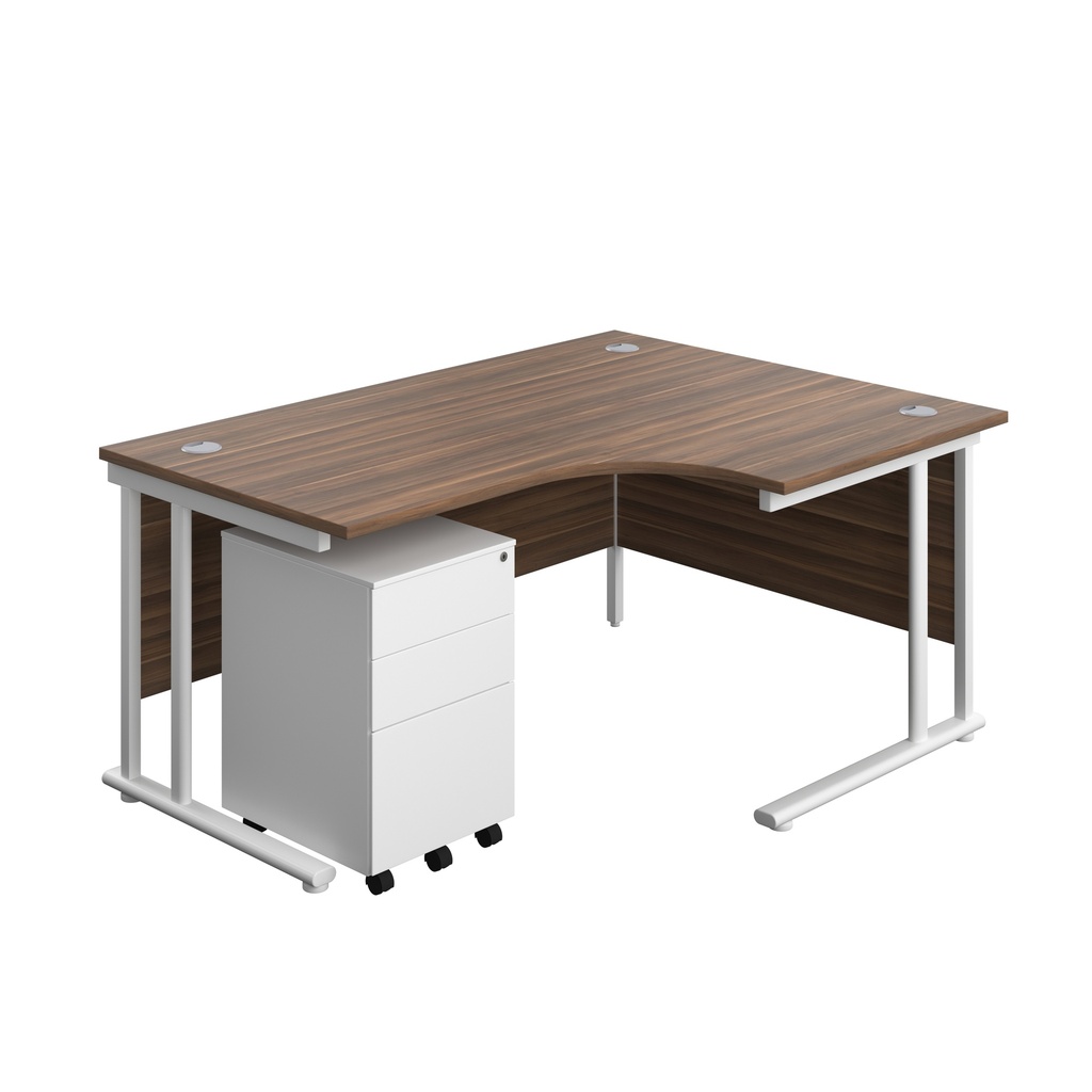 Twin Upright Right Hand Radial Desk + Under Desk Steel Pedestal 3 Drawers (FSC) | 1600X1200 | Dark Walnut/White | 