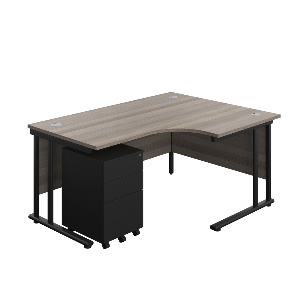 Twin Upright Right Hand Radial Desk + Under Desk Steel Pedestal 3 Drawers (FSC) | 1600X1200 | Grey Oak/Black | 