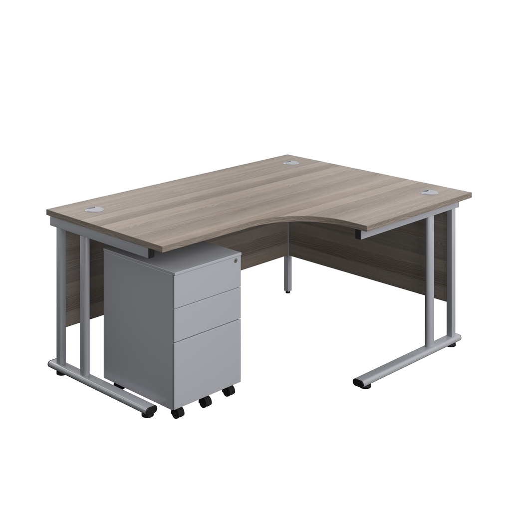 Twin Upright Right Hand Radial Desk + Under Desk Steel Pedestal 3 Drawers (FSC) | 1600X1200 | Grey Oak/Silver | 