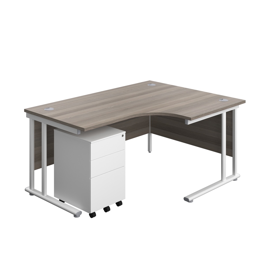 Twin Upright Right Hand Radial Desk + Under Desk Steel Pedestal 3 Drawers (FSC) | 1600X1200 | Grey Oak/White | 