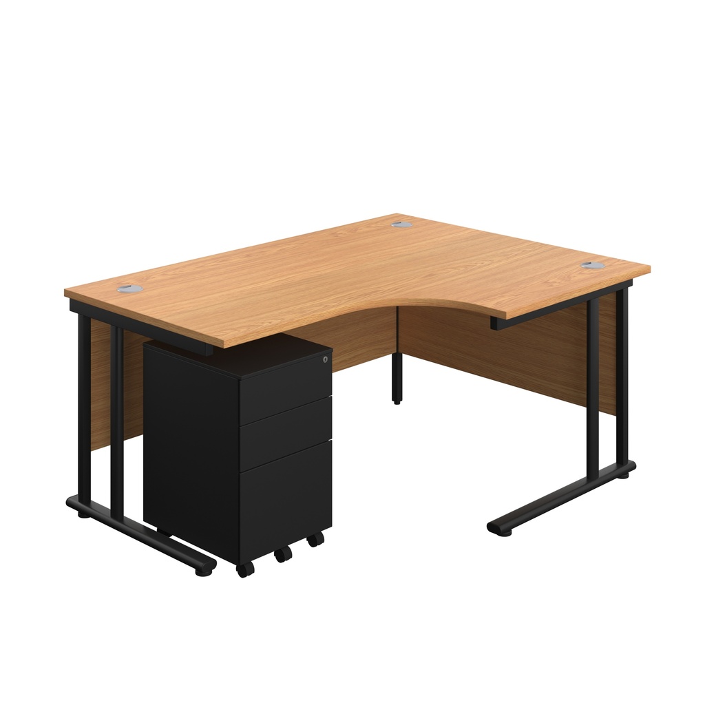 Twin Upright Right Hand Radial Desk + Under Desk Steel Pedestal 3 Drawers (FSC) | 1600X1200 | Nova Oak/Black | 