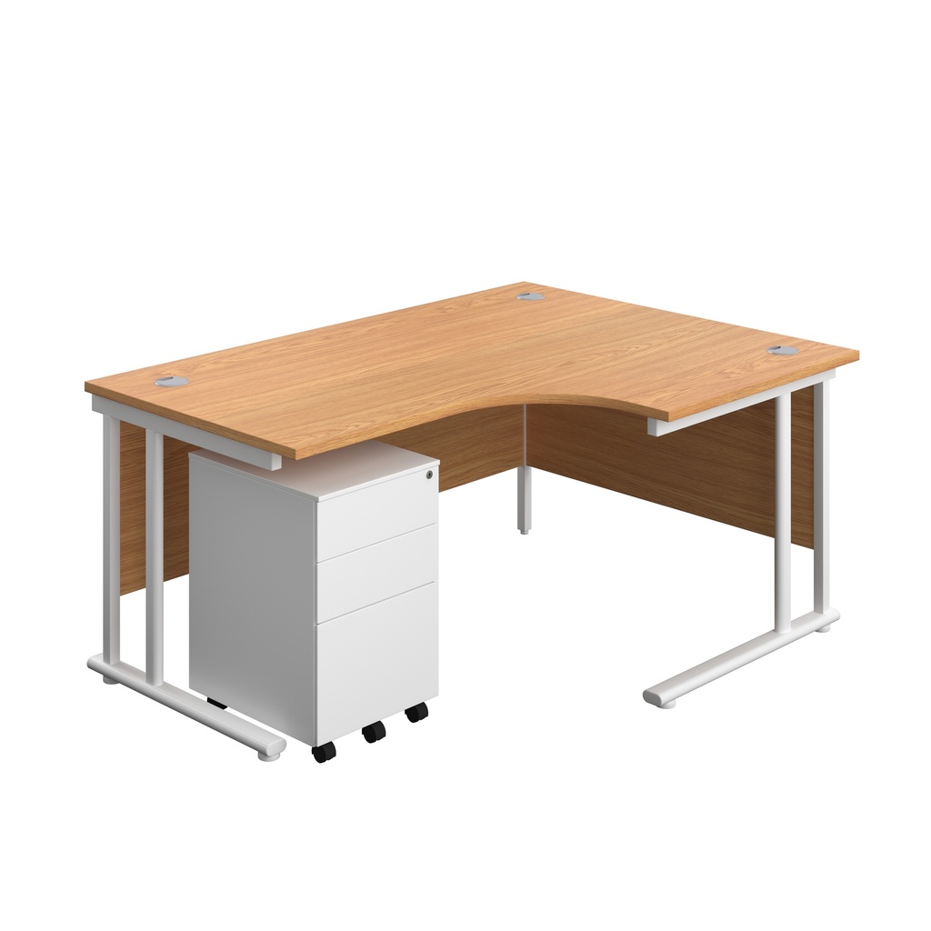 Twin Upright Right Hand Radial Desk + Under Desk Steel Pedestal 3 Drawers (FSC) | 1600X1200 | Nova Oak/White | 