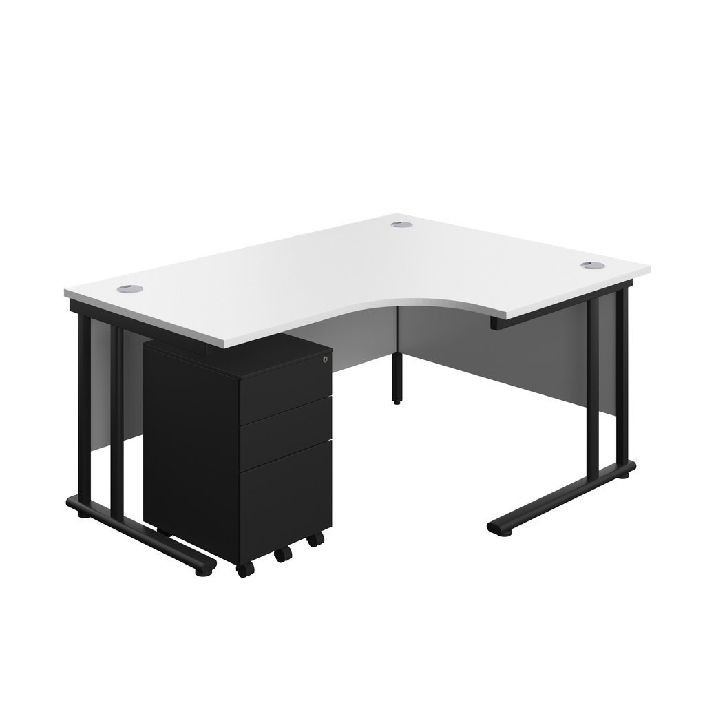 Twin Upright Right Hand Radial Desk + Under Desk Steel Pedestal 3 Drawers (FSC) | 1600X1200 | White/Black | 