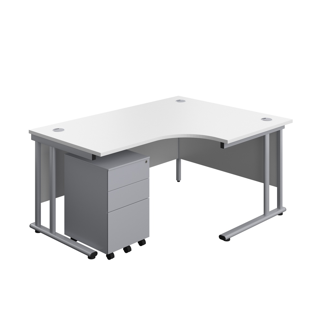Twin Upright Right Hand Radial Desk + Under Desk Steel Pedestal 3 Drawers (FSC) | 1600X1200 | White/Silver | 