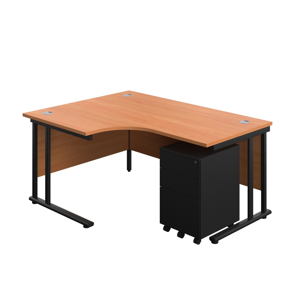 Twin Upright Right Hand Radial Desk + Slimline Steel Pedestal 3 Drawers (FSC) | 1600X1200 | Beech/Black | 