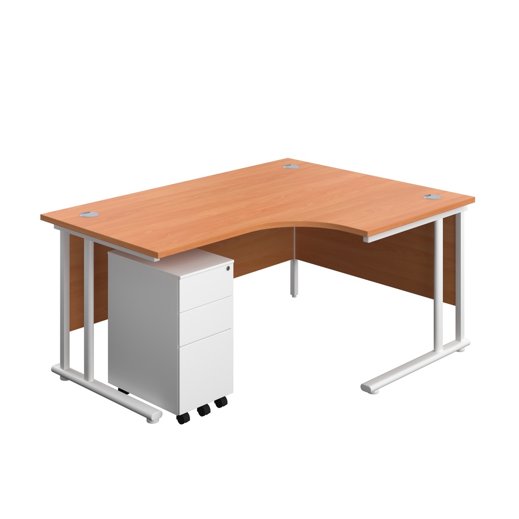 Twin Upright Right Hand Radial Desk + Slimline Steel Pedestal 3 Drawers (FSC) | 1600X1200 | Beech/White | 