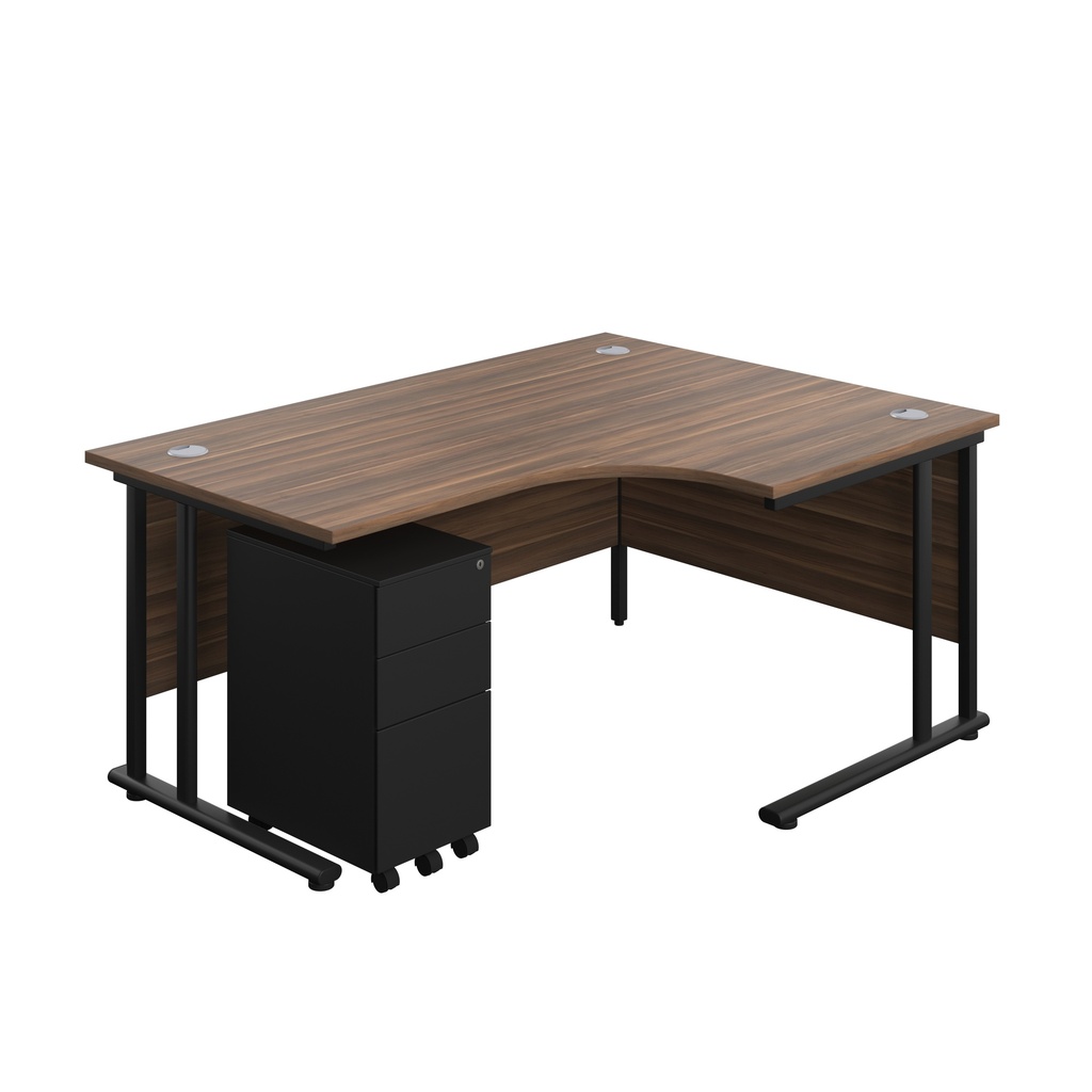 Twin Upright Right Hand Radial Desk + Slimline Steel Pedestal 3 Drawers (FSC) | 1600X1200 | Dark Walnut/Black | 