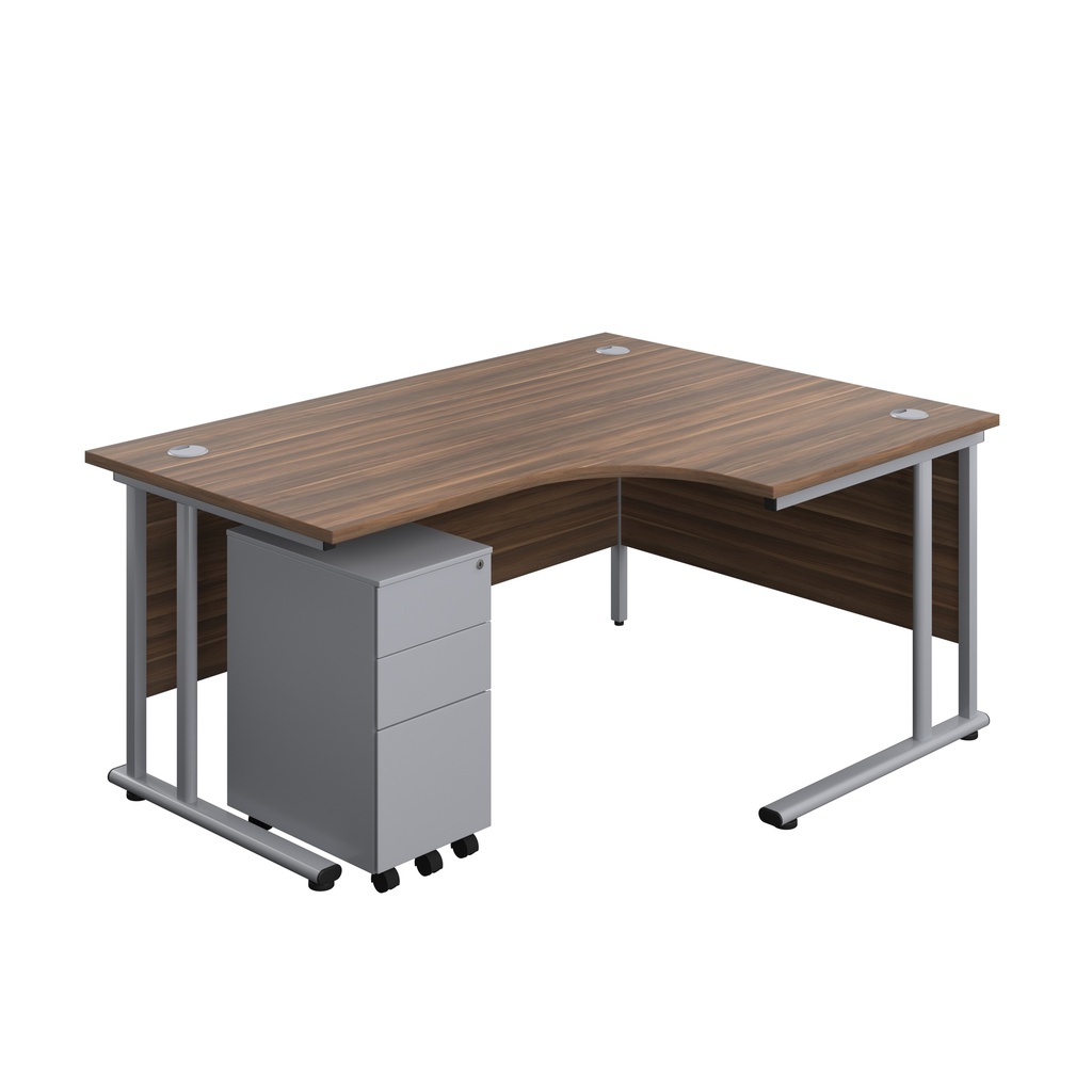 Twin Upright Right Hand Radial Desk + Slimline Steel Pedestal 3 Drawers (FSC) | 1600X1200 | Dark Walnut/Silver | 