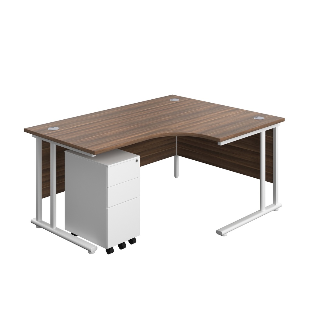 Twin Upright Right Hand Radial Desk + Slimline Steel Pedestal 3 Drawers (FSC) | 1600X1200 | Dark Walnut/White | 