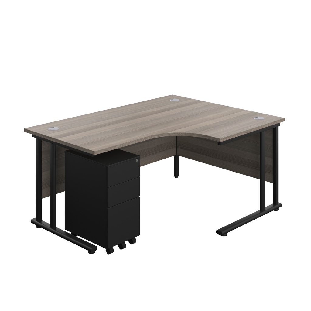 Twin Upright Right Hand Radial Desk + Slimline Steel Pedestal 3 Drawers (FSC) | 1600X1200 | Grey Oak/Black | 