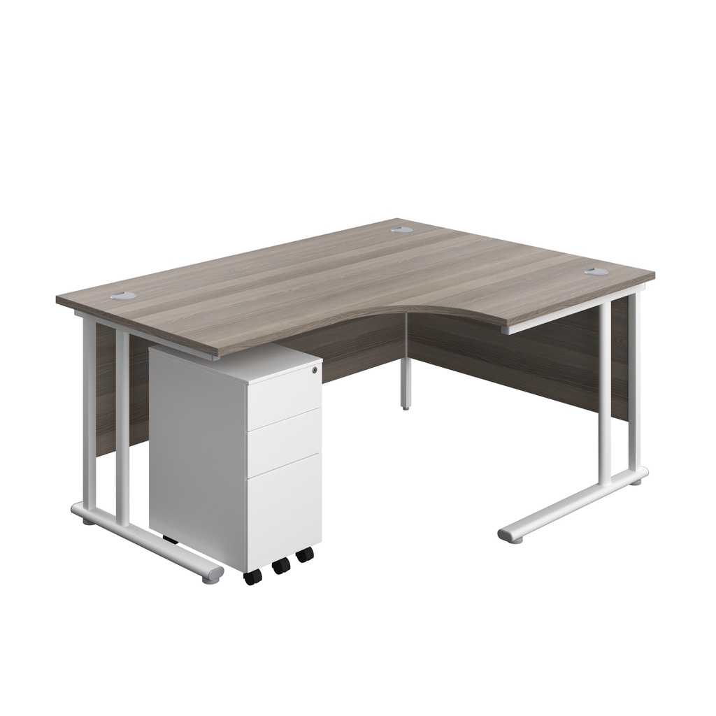 Twin Upright Right Hand Radial Desk + Slimline Steel Pedestal 3 Drawers (FSC) | 1600X1200 | Grey Oak/White | 