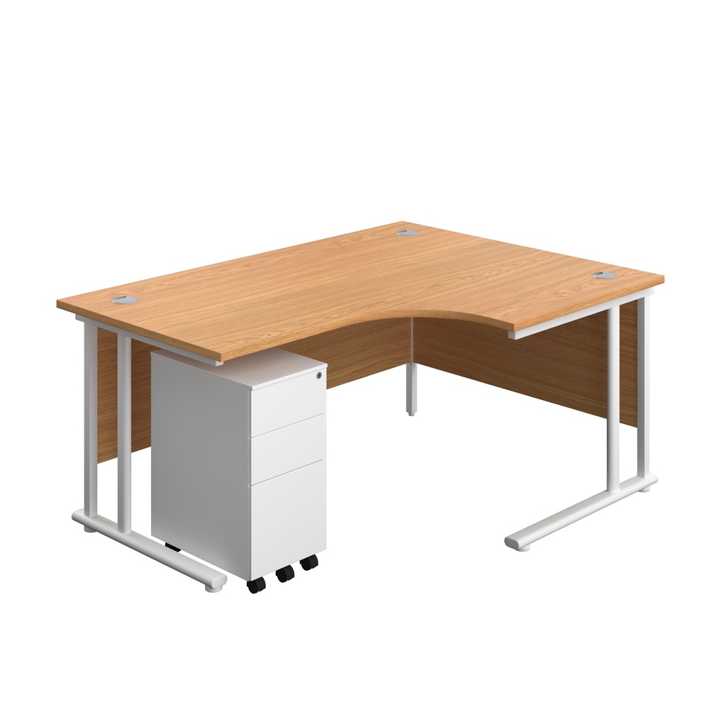 Twin Upright Right Hand Radial Desk + Slimline Steel Pedestal 3 Drawers (FSC) | 1600X1200 | Nova Oak/White | 