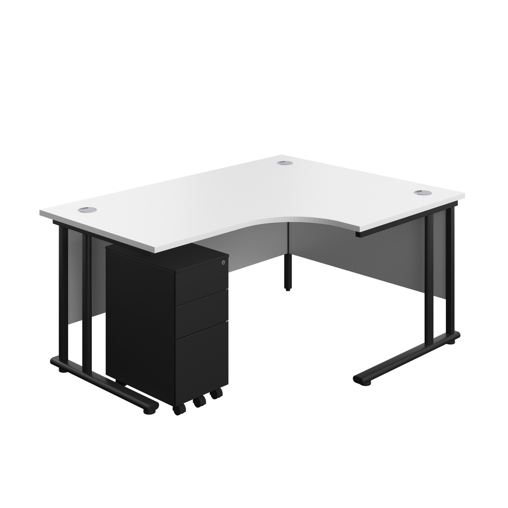 Twin Upright Right Hand Radial Desk + Slimline Steel Pedestal 3 Drawers (FSC) | 1600X1200 | White/Black | 