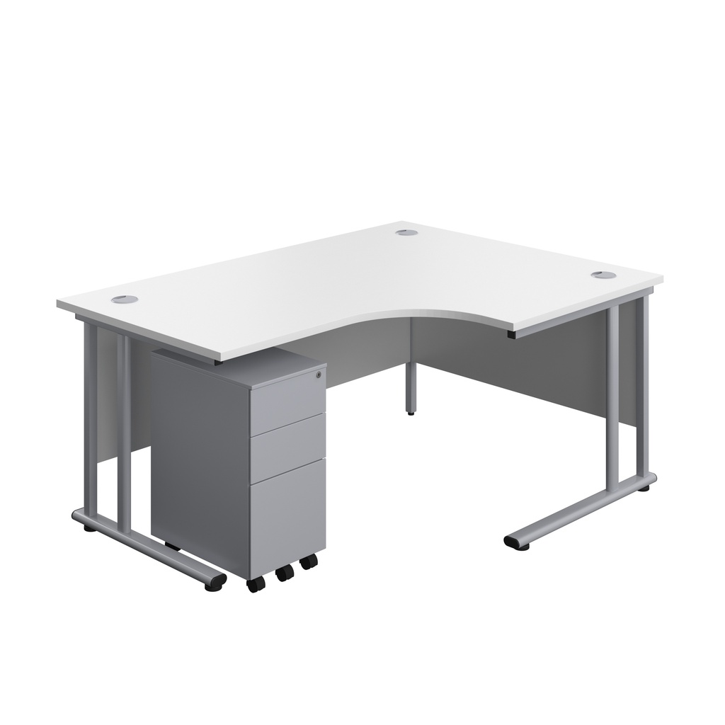 Twin Upright Right Hand Radial Desk + Slimline Steel Pedestal 3 Drawers (FSC) | 1600X1200 | White/Silver | 