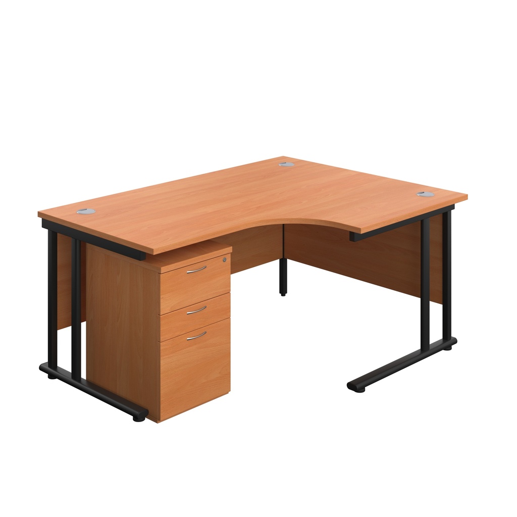 Twin Upright Right Hand Radial Desk + High Mobile Pedestal 3 Drawer (FSC) | 1600X1200 | Beech/Black | 