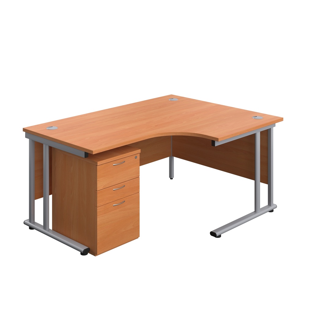 Twin Upright Right Hand Radial Desk + High Mobile Pedestal 3 Drawer (FSC) | 1600X1200 | Beech/Silver | 