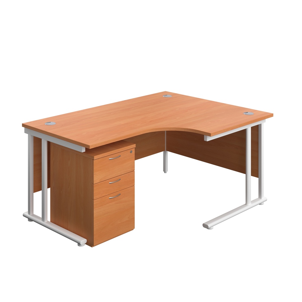 Twin Upright Right Hand Radial Desk + High Mobile Pedestal 3 Drawer (FSC) | 1600X1200 | Beech/White | 