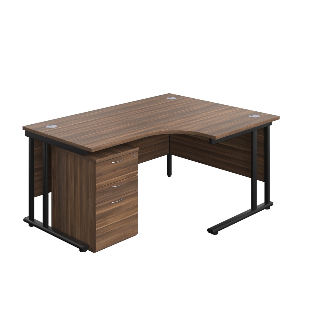 Twin Upright Right Hand Radial Desk + High Mobile Pedestal 3 Drawer (FSC) | 1600X1200 | Dark Walnut/Black | 