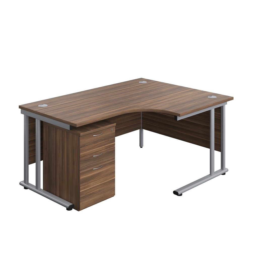 Twin Upright Right Hand Radial Desk + High Mobile Pedestal 3 Drawer (FSC) | 1600X1200 | Dark Walnut/Silver | 