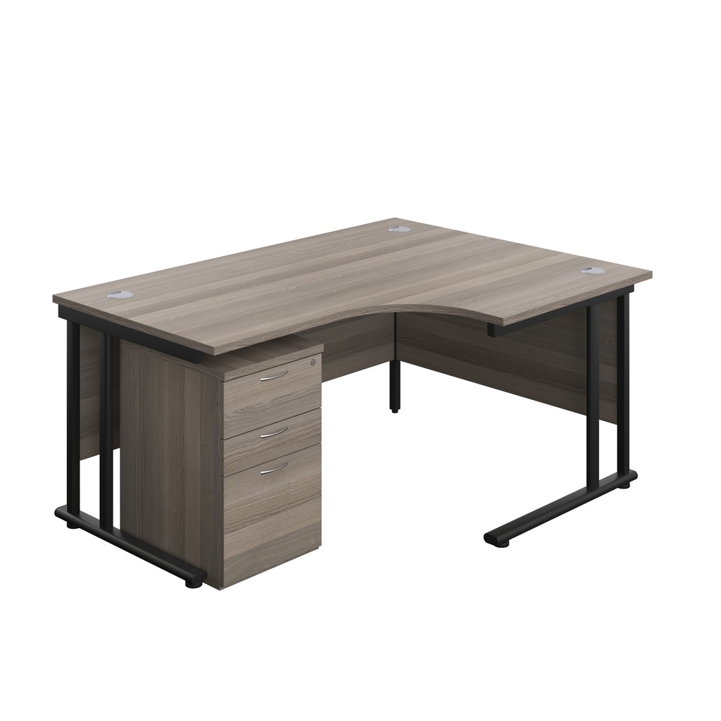 Twin Upright Right Hand Radial Desk + High Mobile Pedestal 3 Drawer (FSC) | 1600X1200 | Grey Oak/Black | 