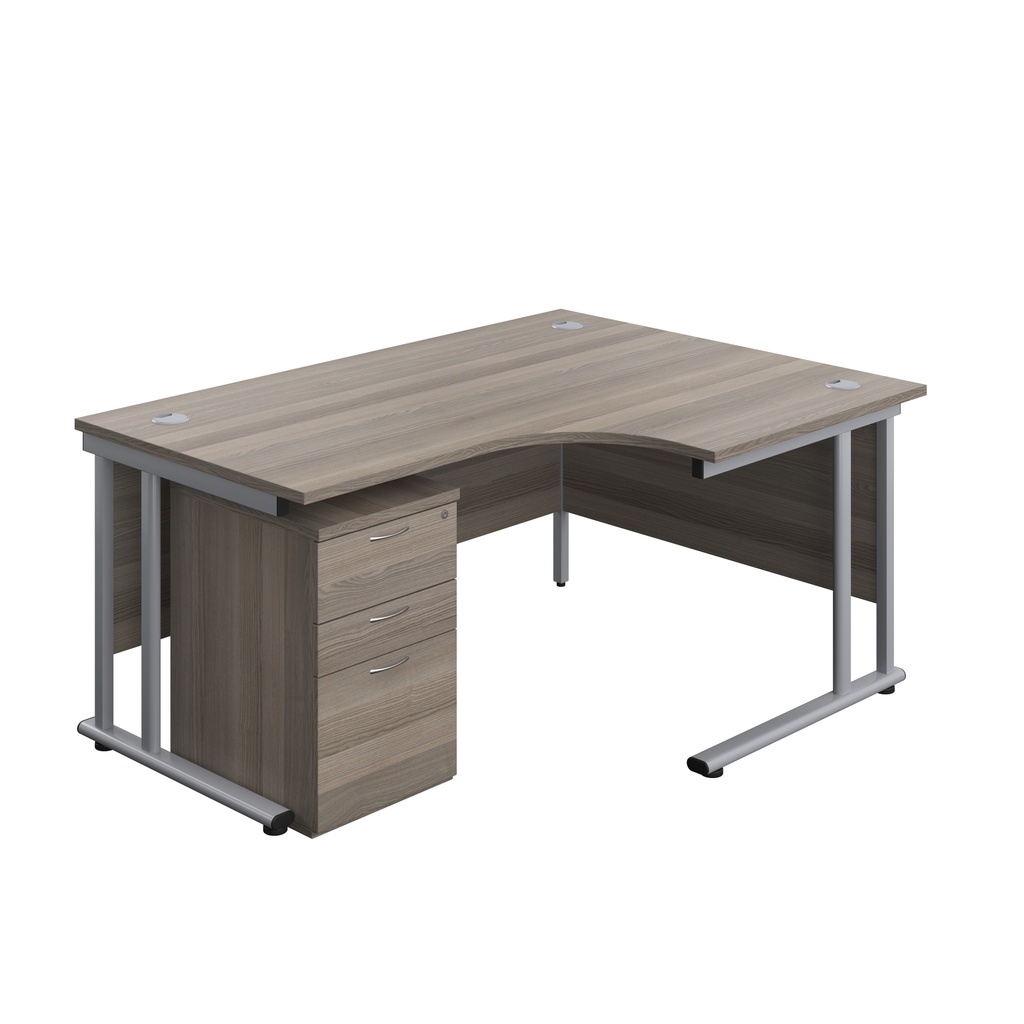 Twin Upright Right Hand Radial Desk + High Mobile Pedestal 3 Drawer (FSC) | 1600X1200 | Grey Oak/Silver | 