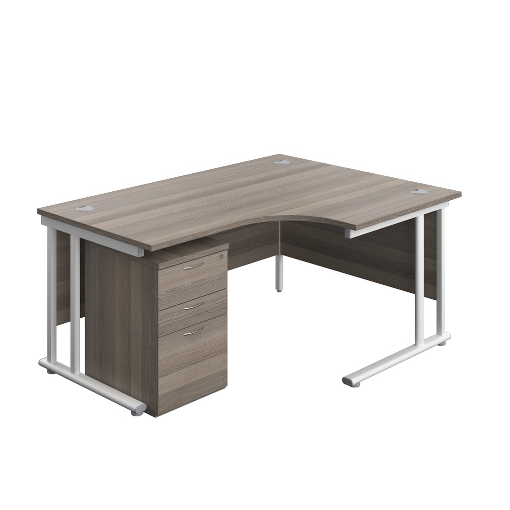 Twin Upright Right Hand Radial Desk + High Mobile Pedestal 3 Drawer (FSC) | 1600X1200 | Grey Oak/White | 
