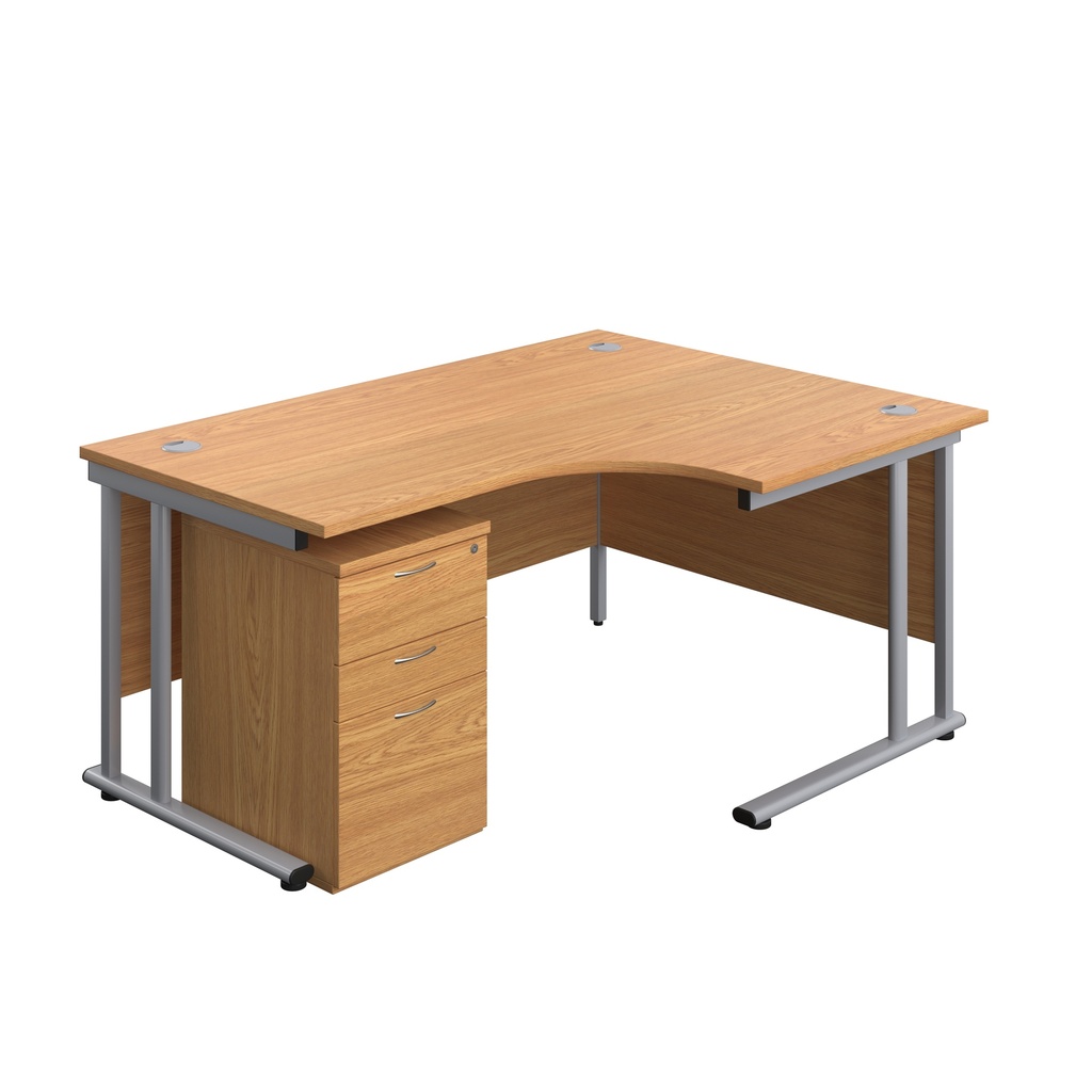 Twin Upright Right Hand Radial Desk + High Mobile Pedestal 3 Drawer (FSC) | 1600X1200 | Nova Oak/Silver | 