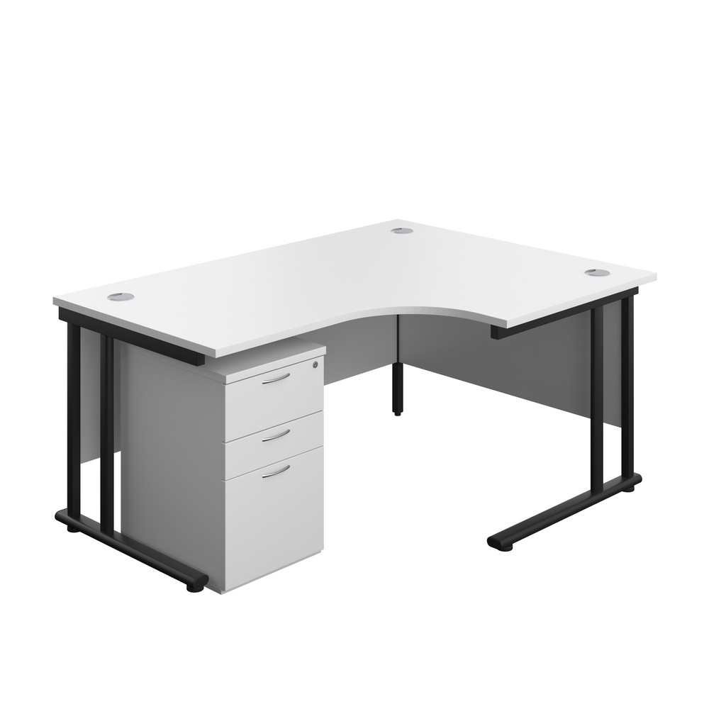 Twin Upright Right Hand Radial Desk + High Mobile Pedestal 3 Drawer (FSC) | 1600X1200 | White/Black | 