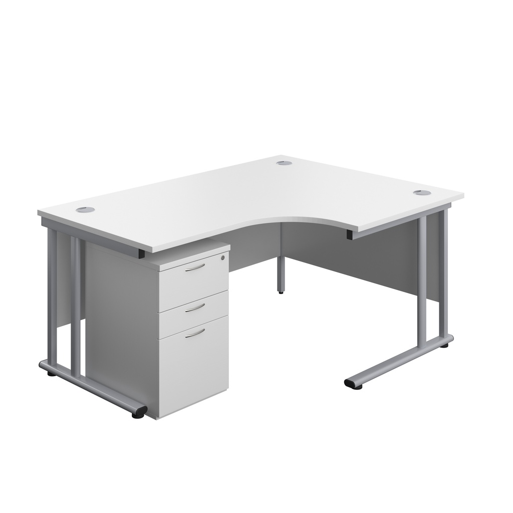 Twin Upright Right Hand Radial Desk + High Mobile Pedestal 3 Drawer (FSC) | 1600X1200 | White/Silver | 