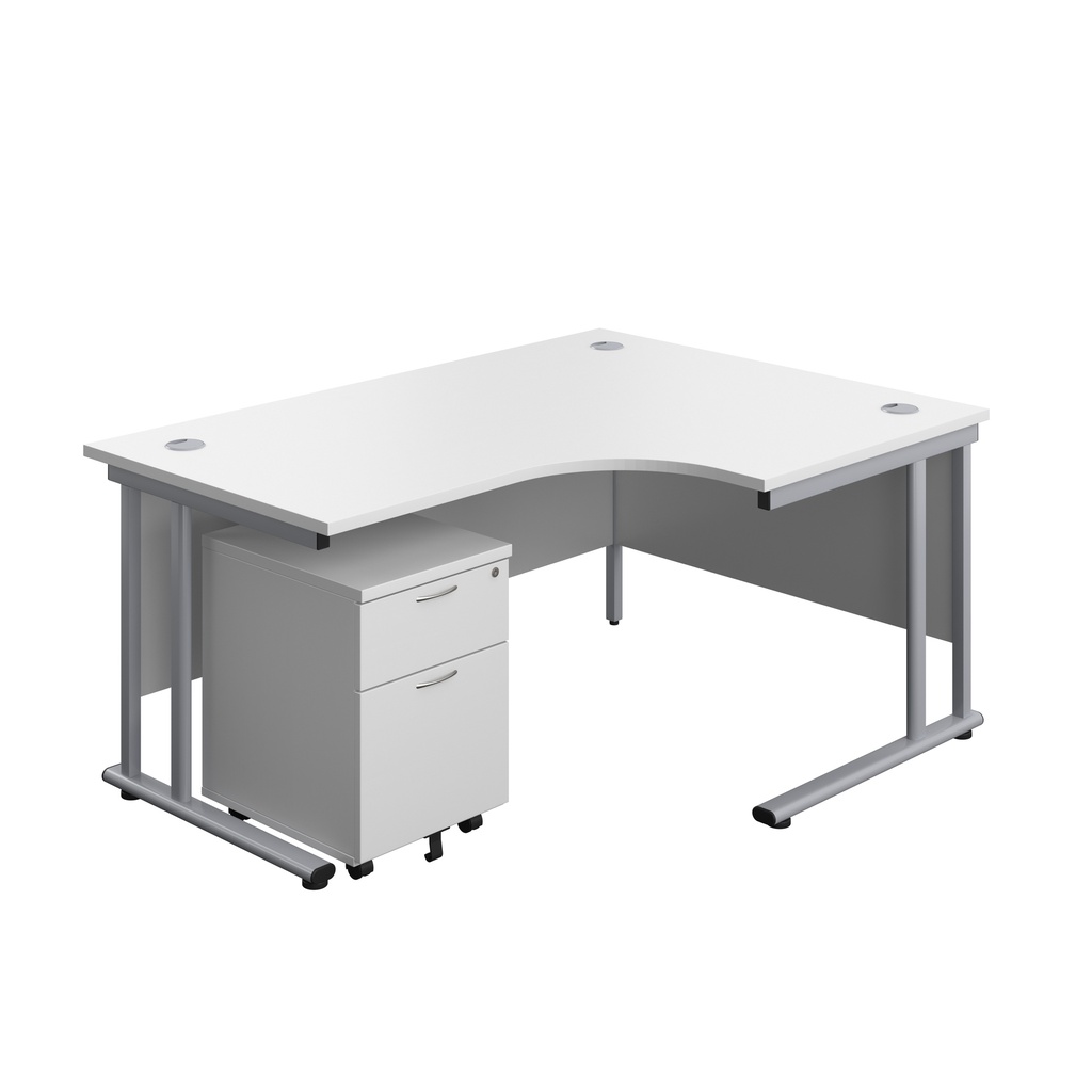 Twin Upright Right Hand Radial Desk + Mobile 2 Drawer Pedestal (FSC) | 1600X1200 | White/Silver | 