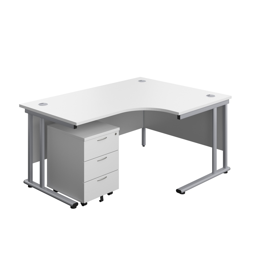 Twin Upright Right Hand Radial Desk + Mobile 3 Drawer Pedestal (FSC) | 1600X1200 | White/Silver | 