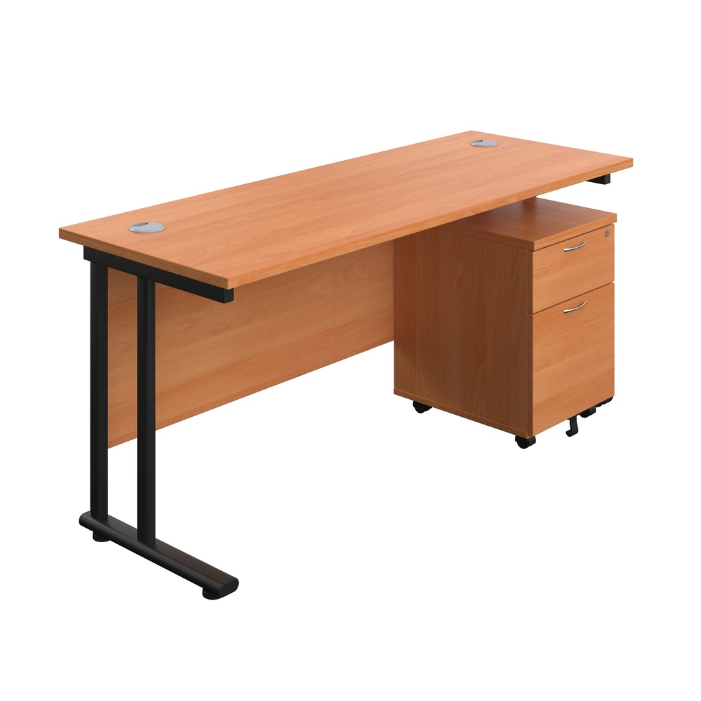 Twin Upright Rectangular Desk + Mobile 2 Drawer Pedestal (FSC) | 1600X600 | Beech/Black | 