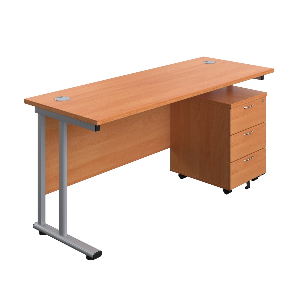 Twin Upright Rectangular Desk + Mobile 3 Drawer Pedestal (FSC) | 1600X600 | Beech/Silver | 