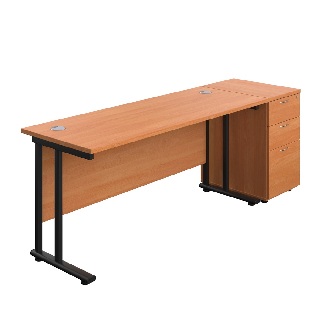 Twin Upright Rectangular Desk + Desk High 3 Drawer Pedestal (FSC) | 1600X600 | Beech/Black | 