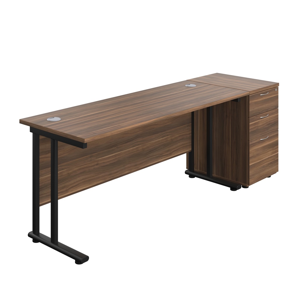 Twin Upright Rectangular Desk + Desk High 3 Drawer Pedestal (FSC) | 1600X600 | Dark Walnut/Black | 