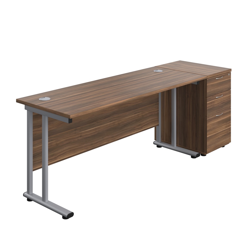 Twin Upright Rectangular Desk + Desk High 3 Drawer Pedestal (FSC) | 1600X600 | Dark Walnut/Silver | 
