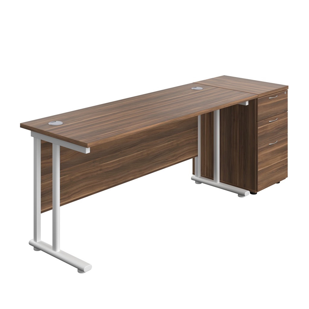 Twin Upright Rectangular Desk + Desk High 3 Drawer Pedestal (FSC) | 1600X600 | Dark Walnut/White | 